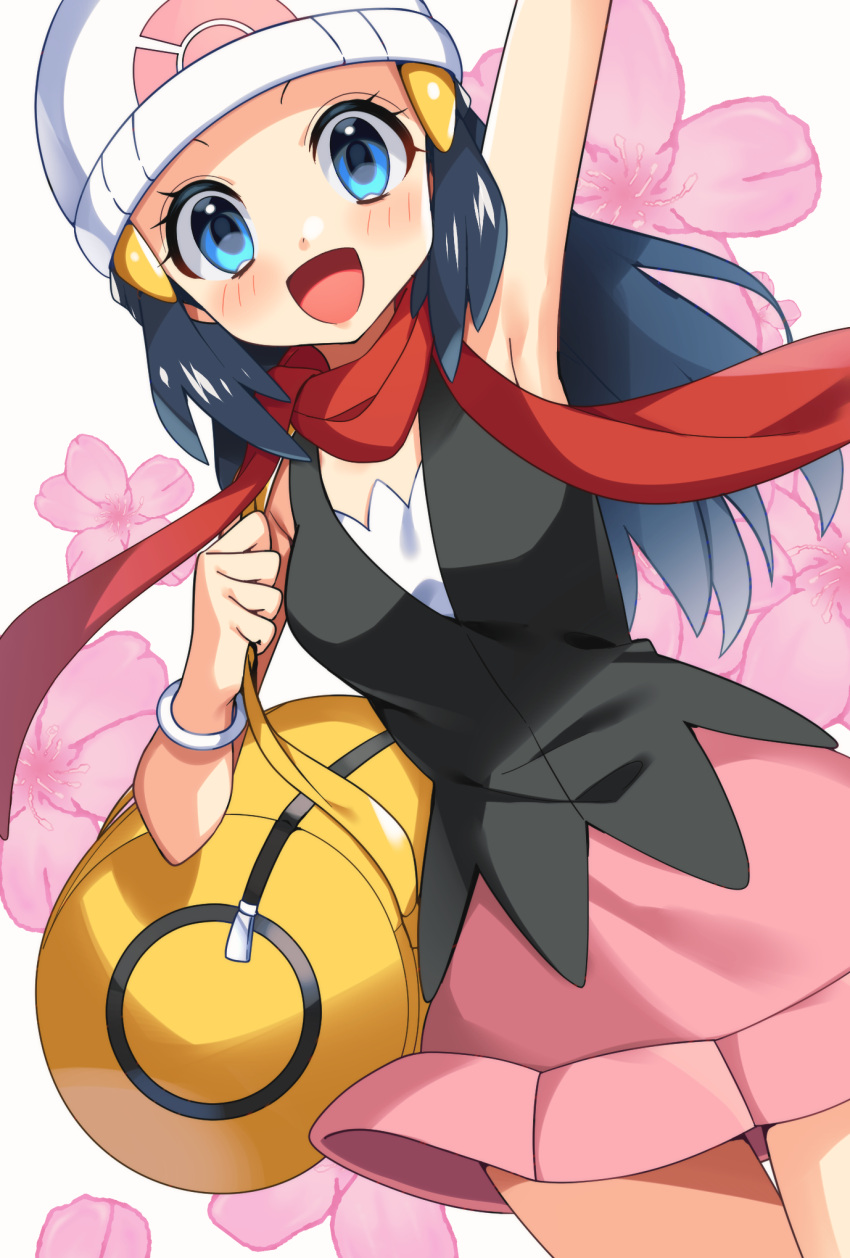 1girl :d arm_up armpits bag beanie black_shirt blue_eyes blush commentary_request dawn_(pokemon) duffel_bag eyelashes floating_scarf flower happy hat highres holding_strap open_mouth pink_flower pink_skirt pokemon pokemon_(game) pokemon_dppt red_scarf scarf shirt skirt sleeveless sleeveless_shirt smile solo tongue white_headwear yellow_bag yuihico