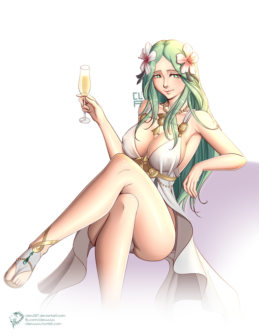 1girl alcohol bangs breasts byleth_(fire_emblem) cape cleavage cleru_(cleruuuuu) cup dress drinking_glass fire_emblem fire_emblem:_three_houses flower flower_on_head hair_flower hair_ornament highres jewelry large_breasts long_hair looking_at_viewer rhea_(fire_emblem) simple_background smile solo swimsuit white_background white_swimsuit wine wine_glass