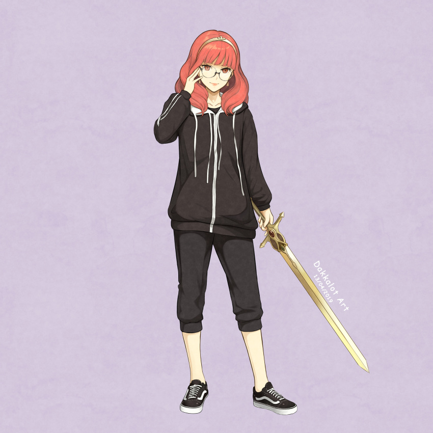 1girl absurdres alternate_costume artist_name bangs black_footwear black_hoodie black_pants celica_(fire_emblem) dakkalot dated earrings english_commentary fire_emblem fire_emblem_echoes:_shadows_of_valentia fire_emblem_heroes glasses gold_hairband hand_on_own_face highres holding holding_sword holding_weapon jewelry looking_at_viewer medium_hair pants red_eyes red_hair solo standing sword track_pants vans weapon