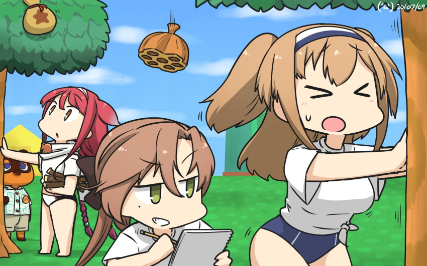 1other 3girls adapted_costume ahoge akigumo_(kantai_collection) asymmetrical_bangs bangs blue_sky blue_swimsuit braid brown_hair cloud commentary_request covered_navel crossover dated day doubutsu_no_mori green_eyes hair_flaps hair_ribbon hairband hamu_koutarou highres i-26_(kantai_collection) kantai_collection kawakaze_(kantai_collection) light_brown_hair long_hair low_twintails multiple_girls new_school_swimsuit outdoors ponytail pushing red_hair remodel_(kantai_collection) ribbon scarf school_swimsuit shirt sidelocks sky swimsuit swimsuit_under_clothes t-shirt tanukichi_(doubutsu_no_mori) tree twin_braids twintails two_side_up very_long_hair white_scarf white_shirt yellow_eyes