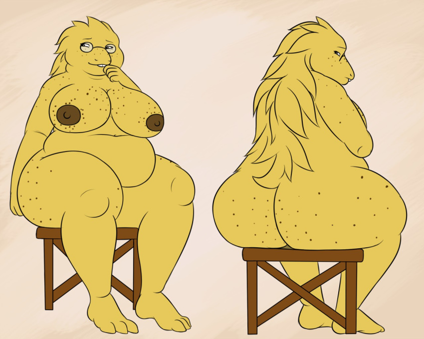 5:4 alphys anthro anthrofied big_breasts big_butt breasts butt eyewear female fish freckles glasses hair lizard marine nipples nude overweight overweight_anthro overweight_female oystercatcher7 reptile scales scalie simple_background solo teeth thick_thighs undertale video_games wide_hips yellow_body yellow_scales