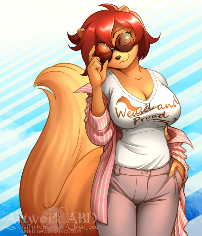 abluedeer anthro breasts cleavage clothed clothing eyewear female hi_res mammal mustela mustelid musteline solo sunglasses