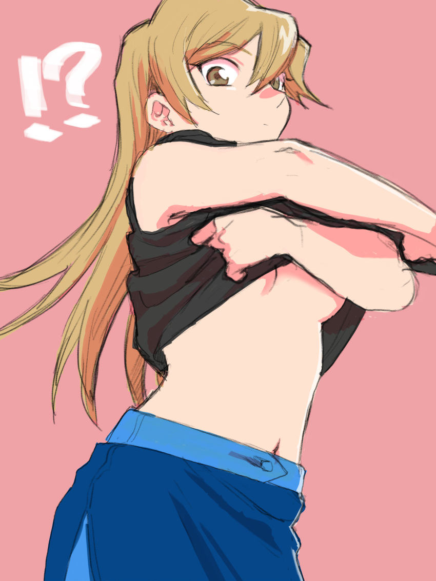 !? 1girl 203wolves absurdres bangs black_shirt blonde_hair blue_skirt breasts brown_eyes eyebrows_visible_through_hair hair_between_eyes highres lifted_by_self long_hair looking_at_viewer medium_breasts midriff navel pencil_skirt pink_background shiny shiny_hair shirt shirt_lift simple_background sketch skirt sleeveless sleeveless_shirt solo standing stomach straight_hair tenjouin_asuka underboob very_long_hair yuu-gi-ou yuu-gi-ou_gx