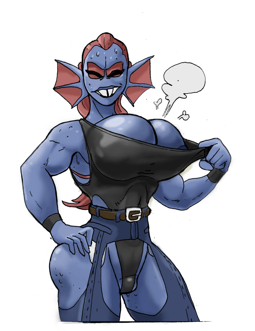 absurd_res animal_humanoid anthro areola areola_slip big_breasts bodily_fluids breasts butt eyes_closed female fin fish hair hi_res huge_breasts humanoid long_hair marine marine_humanoid nipples putricia red_hair solo sweat undertale undyne video_games