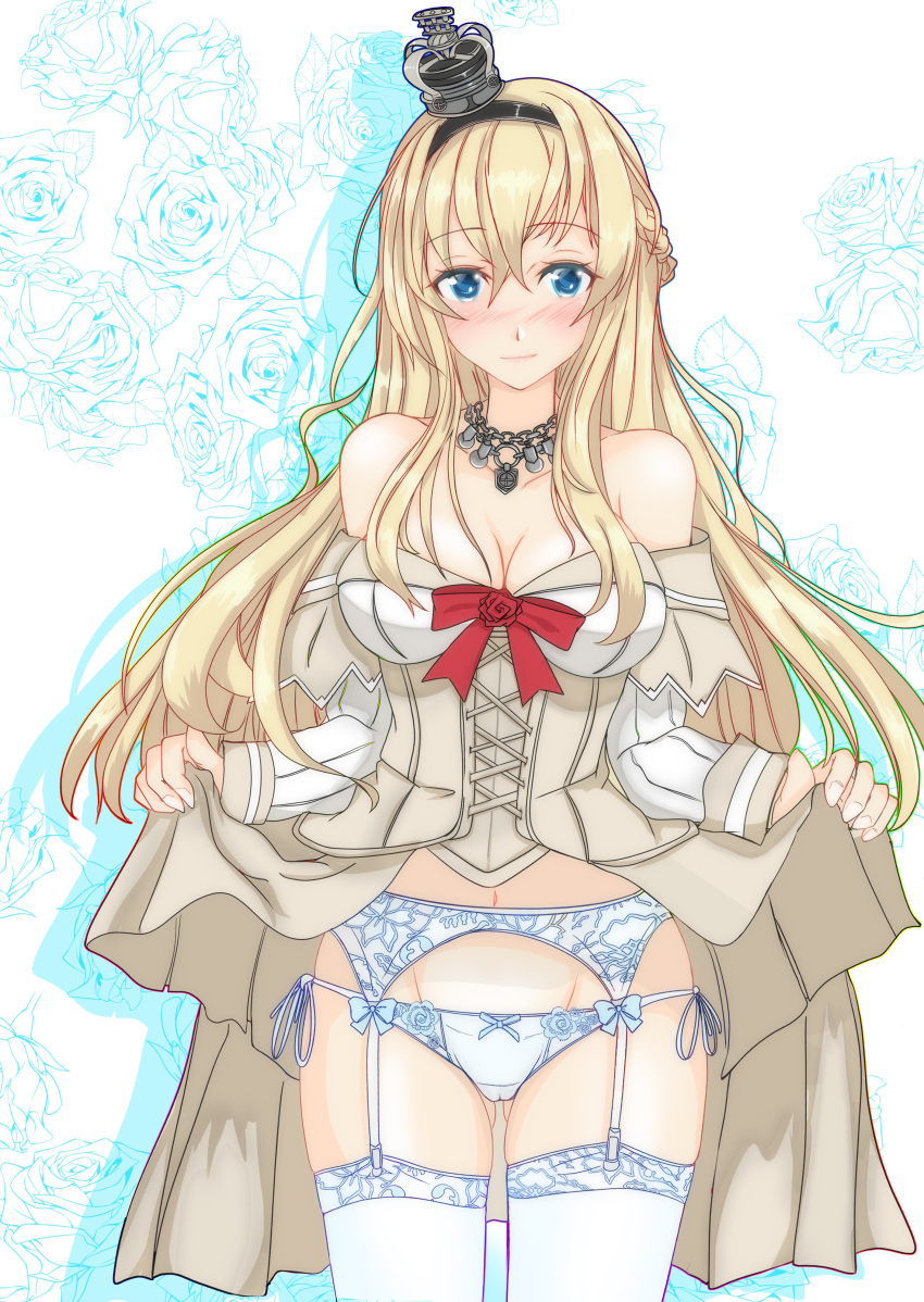 1girl absurdres blonde_hair blue_eyes braid breasts cleavage commentary_request corset crown dress dress_lift flower french_braid garter_belt garter_straps highres jewelry kantai_collection long_hair long_sleeves looking_at_viewer medium_breasts mini_crown mixed-language_commentary necklace nitamago_(sakamalh) off-shoulder_dress off_shoulder red_flower red_ribbon red_rose ribbon rose solo thighhighs warspite_(kantai_collection) white_dress white_legwear