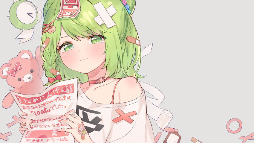 1girl :t absurdres alarm_clock bandaged_fingers bandages bandaid bandaid_on_finger bandaid_on_hand bare_shoulders bear_hair_ornament blush bow braid choker clock closed_mouth collarbone commentary_request crossed_bandaids double_bun green_eyes green_hair hair_bow hair_ornament hairclip highres holding kanase_(mcbrwn18) looking_at_viewer morinaka_kazaki nail_polish nijisanji off_shoulder pink_nails pout red_bow red_choker shirt solo stuffed_animal stuffed_toy tears teddy_bear upper_body white_shirt x_hair_ornament