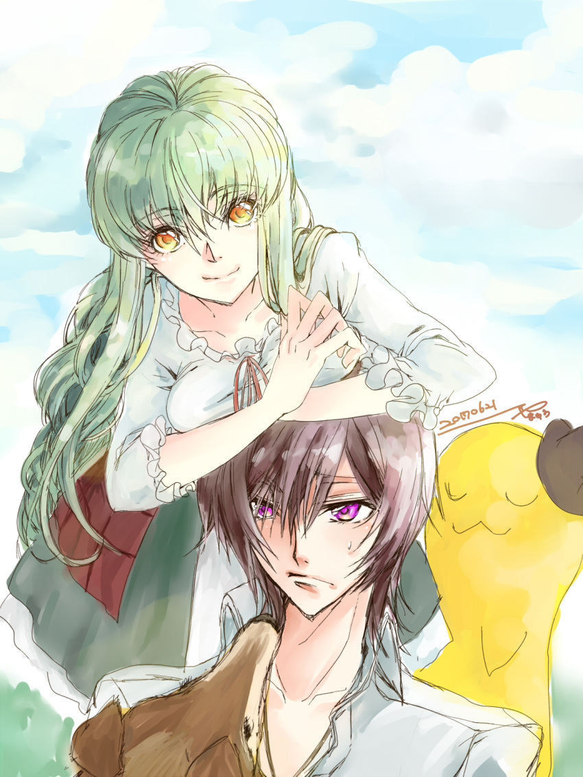 1boy 1girl bangs breast_press breasts brown_hair c.c. cheese-kun closed_mouth code_geass collarbone collared_shirt dress_shirt eyebrows_visible_through_hair green_hair green_skirt hair_between_eyes highres layered_skirt leaning_forward lelouch_lamperouge long_hair long_sleeves looking_at_viewer medium_breasts medium_skirt neck_ribbon pink_eyes red_ribbon ribbon roman_buriki shiny shiny_hair shirt skirt smile solo very_long_hair white_shirt wing_collar yellow_eyes