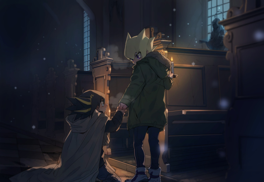 2boys argyle_floor black_pants blonde_hair cape child church coat eye_contact fudou_yuusei green_coat grey_cape highlights holding_candle holding_hands hood hood_down hooded hooded_coat indoors jack_atlas looking_at_another multicolored_hair multiple_boys pants purple_eyes snowing spiked_hair torinomaruyaki younger yuu-gi-ou yuu-gi-ou_5d's