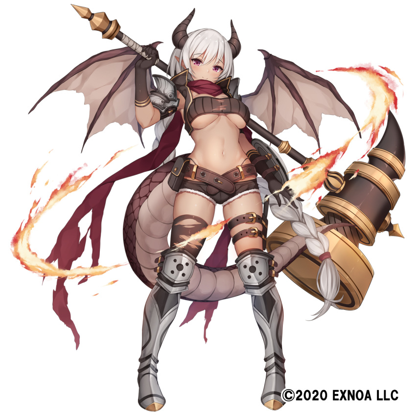 1girl arm_up armored_boots armpits bandeau belt belt_pouch black_gloves black_legwear black_shorts boots braid breasts cleavage crop_top cutoffs dragon_girl dragon_horns dragon_tail dragon_wings exe_(xe) fire fortress_girl full_body gloves grey_hair highleg highleg_panties highres holding holding_mallet holding_weapon horns knee_boots large_breasts leg_belt long_hair looking_at_viewer mallet micro_shorts midriff navel official_art panties pink_eyes pointy_ears pouch scarf shield shorts shoulder_armor simple_background single_braid single_thighhigh skindentation smile solo spaulders standing stomach string_panties tachi-e tail thighhighs thighs torn_clothes torn_legwear underboob underwear very_long_hair vest watermark weapon white_background wings