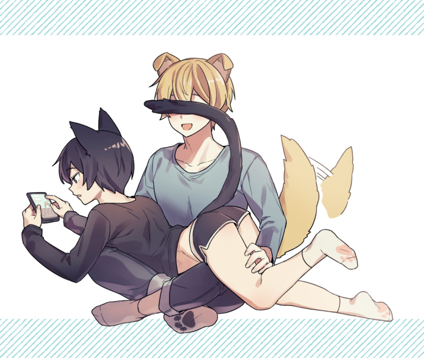 2boys animal_ears black_hair black_shirt black_shorts blonde_hair cat_boy cellphone collarbone commentary denim dog_boy eugeo grey_shirt hair_between_eyes jeans kirito long_sleeves lying multiple_boys on_lap on_stomach open_mouth pants paw_print phone ryeonghwa shirt short_hair short_shorts shorts simple_background sitting smile socks striped striped_background sword_art_online sword_art_online_alicization tail white_background white_legwear yaoi