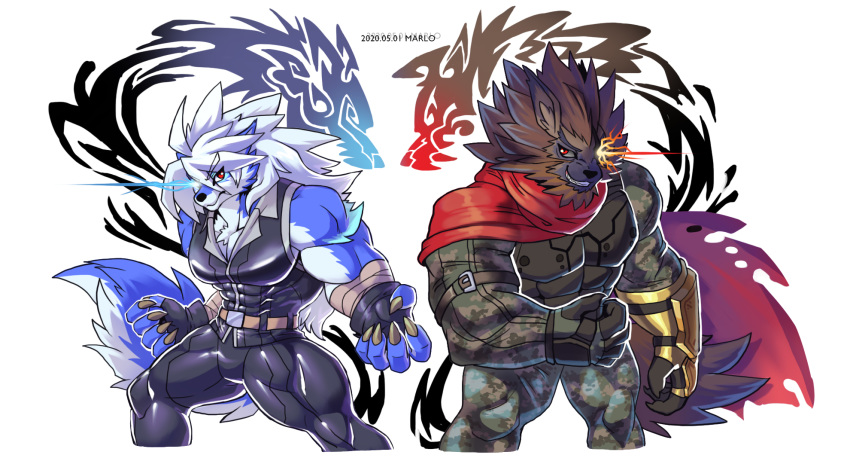 2020 abs anthro belt biceps canid canine canis cheong_hwan clothed clothing digital_media_(artwork) fingerless_gloves fur gloves group hair handwear hi_res male mammal muscular muscular_male pecs simple_background wolf wolfmalro