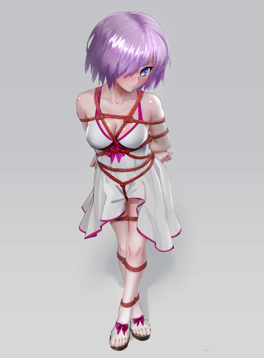 1girl arms_behind_back bare_shoulders blush bound bound_arms bound_legs bound_torso bow_footwear breasts cleavage collarbone dress fate/grand_order fate_(series) ffffff gradient gradient_background highres large_breasts mash_kyrielight purple_dress purple_eyes sandals shadow shibari short_hair solo standing sundress white_dress