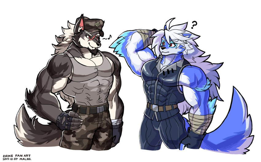 2019 abs anthro belt biceps canid canine canis cheong_hwan clothed clothing digital_media_(artwork) facial_hair fingerless_gloves fur gloves goatee group hair handwear hi_res male mammal muscular muscular_male pecs simple_background wolf wolfmalro