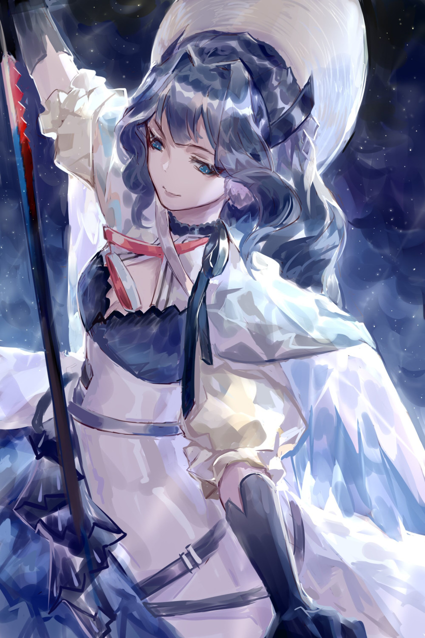 1girl absurdres arknights arm_up astesia_(arknights) bangs black_gloves blue_eyes blue_hair cape cowboy_shot dress gloves highres long_hair looking_at_viewer molin puffy_short_sleeves puffy_sleeves short_sleeves smile solo sword weapon white_cape white_headwear