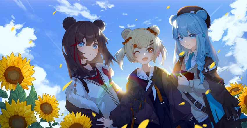 3girls ;d animal_ears arknights backlighting bear_ears belt beret black_choker black_jacket blonde_hair blue_eyes blue_hair brown_hair cardigan choker closed_mouth cloud day flower fur_trim gummy_(arknights) hair_ornament hairclip hat holding istina_(arknights) jacket long_hair looking_at_viewer multicolored_hair multiple_girls neckerchief off_shoulder one_eye_closed open_clothes open_jacket open_mouth orange_eyes outdoors owenhiruno parted_lips sailor_collar school_uniform sky smile streaked_hair sunflower twintails white_cardigan zima_(arknights)