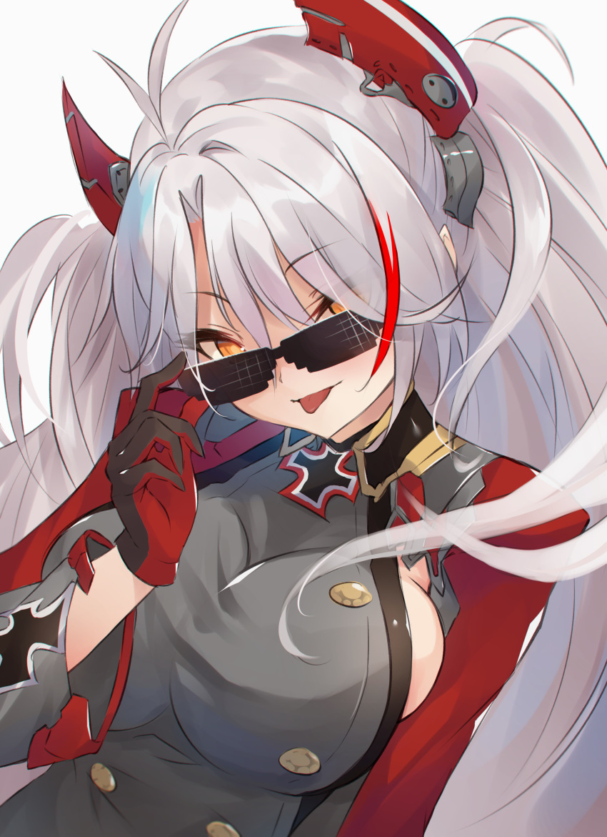 absurdres antenna_hair azur_lane bangs deal_with_it diieru headgear highres holding holding_eyewear iron_cross meme mlg multicolored_hair prinz_eugen_(azur_lane) red_hair silver_hair streaked_hair sunglasses swept_bangs tongue tongue_out two_side_up