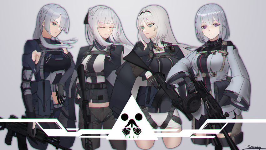 4girls absurdres ak-12 ak-12_(girls_frontline) ak-15 ak-15_(girls_frontline) an-94 an-94_(girls_frontline) aqua_eyes assault_rifle bangs black_gloves blunt_bangs braid closed_eyes closed_mouth commentary cowboy_shot defy_(girls_frontline) expressionless eyebrows_visible_through_hair french_braid girls_frontline gloves grey_background gun hair_between_eyes hair_over_one_eye headband high_ponytail highres holding holding_gun holding_weapon jacket jacket_on_shoulders light_machine_gun long_hair looking_at_viewer looking_to_the_side midriff multiple_girls navel_cutout one_eye_covered parted_lips purple_eyes rifle rpk-16 rpk-16_(girls_frontline) saturndxy short_hair sidelocks silver_hair smile standing thighs trigger_discipline weapon wide_sleeves