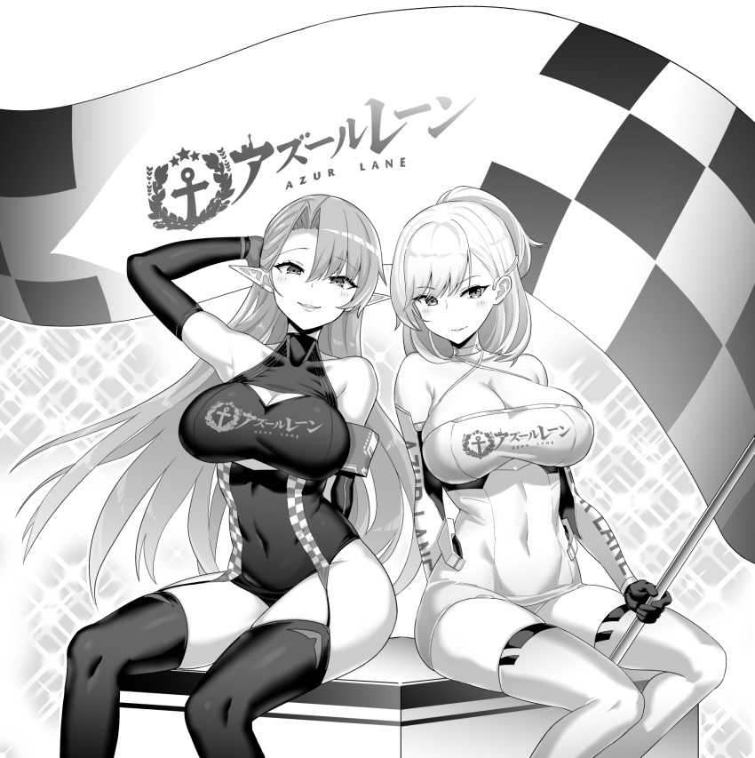 2girls arm_up armpits azur_lane bare_shoulders breasts checkered checkered_flag choker cleavage cleavage_cutout collarbone covered_navel criss-cross_halter duke_of_york_(azur_lane) duke_of_york_(prestige_of_the_glorious_formula)_(azur_lane) elbow_gloves flag garter_straps gloves halterneck highres holding holding_flag hori_(hori_no_su) large_breasts leotard multiple_girls prince_of_wales_(azur_lane) prince_of_wales_(the_laureate's_victory_lap)_(azur_lane) race_queen sitting thighhighs thighs underboob_cutout