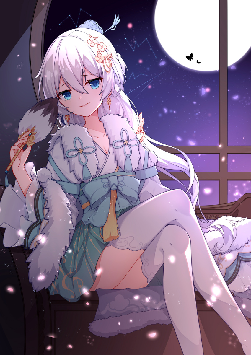 1girl aqua_bow aqua_skirt blue_eyes blue_ribbon bow chinese_clothes commentary constellation crossed_legs earrings feather_fan full_moon fur_trim hair_between_eyes hair_ornament hair_stick hairclip highres honkai_(series) honkai_impact_3rd indoors jewelry long_hair long_sleeves looking_at_viewer moon night night_sky petals poinia ribbon silver_hair skirt sky smirk solo star_(sky) starry_sky striped theresa_apocalypse theresa_apocalypse_(starlit_astrologos) thighhighs vertical-striped_skirt vertical_stripes very_long_hair white_legwear wide_sleeves window