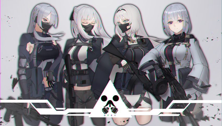 4girls absurdres ak-12 ak-12_(girls_frontline) ak-15 ak-15_(girls_frontline) an-94 an-94_(girls_frontline) aqua_eyes assault_rifle bangs black_gloves blunt_bangs braid closed_eyes closed_mouth commentary cowboy_shot defy_(girls_frontline) eyebrows_visible_through_hair french_braid girls_frontline gloves grey_background gun hair_between_eyes hair_over_one_eye headband high_ponytail highres holding holding_gun holding_weapon jacket jacket_on_shoulders light_machine_gun long_hair looking_at_viewer looking_to_the_side mask masked midriff multiple_girls navel_cutout one_eye_covered purple_eyes rifle rpk-16 rpk-16_(girls_frontline) saturndxy short_hair sidelocks silver_hair smile standing thighs trigger_discipline weapon wide_sleeves