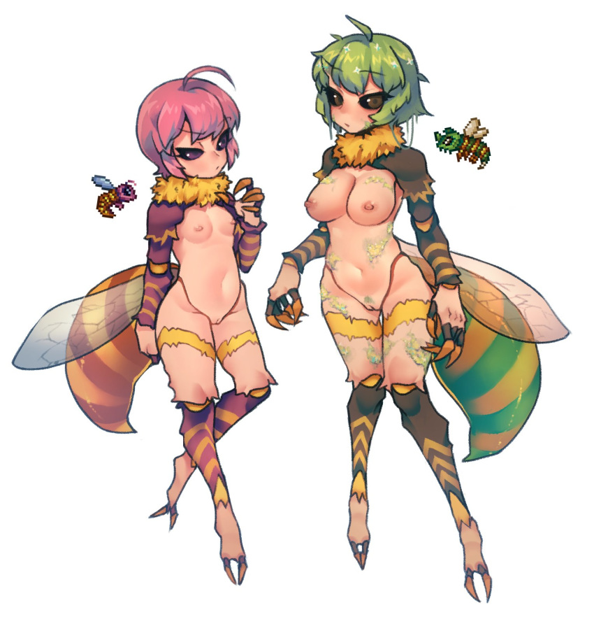 2_toes 5_fingers ahoge alternate_species animal_humanoid areola arthropod arthropod_abdomen arthropod_humanoid bee bee_humanoid big_breasts black_sclera breast_size_difference breasts brown_eyes claws duo eyelashes female fingers floating genitals green_hair hair hi_res hornet_(terraria) humanoid humanoidized hymenopteran hymenopteran_humanoid insect insect_humanoid insect_wings looking_at_viewer monotone_hair moss_hornet_(terraria) multicolored_body multicolored_skin navel neck_tuft nipples nude nyong_nyong pink_hair pink_nipples pubes purple_eyes pussy short_hair simple_background slim small_breasts standing stinger stripes terraria toes tuft white_background wings yellow_stripes