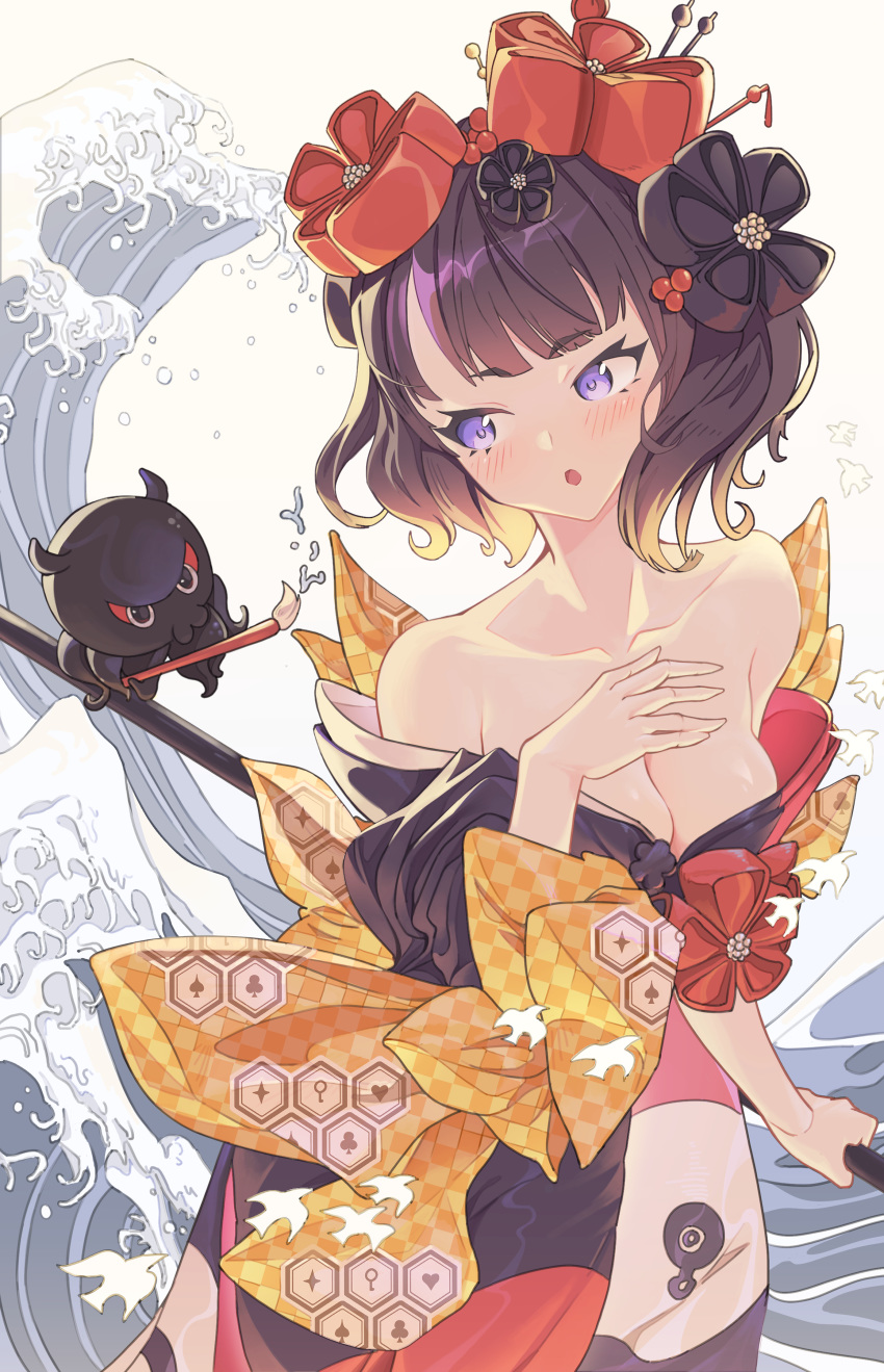 1girl absurdres bangs bare_shoulders blush breasts calligraphy_brush cleavage collarbone fate/grand_order fate_(series) giant_brush hair_ornament hairpin hand_on_own_chest highres hyunwoo japanese_clothes katsushika_hokusai_(fate/grand_order) kimono long_sleeves looking_to_the_side medium_breasts octopus open_mouth paintbrush purple_eyes purple_hair purple_kimono red_kimono sash short_hair tokitarou_(fate/grand_order) waves wide_sleeves