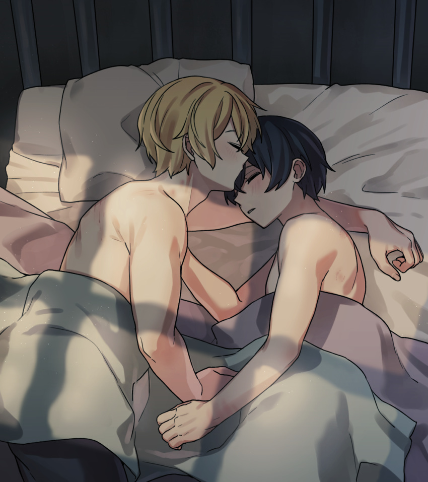 2boys bangs bed bed_sheet black_hair blonde_hair closed_eyes commentary couple eugeo from_above highres holding_hands kirito lying male_focus multiple_boys on_bed on_side parted_lips pillow ryeonghwa short_hair sleeping sword_art_online sword_art_online_alicization yaoi