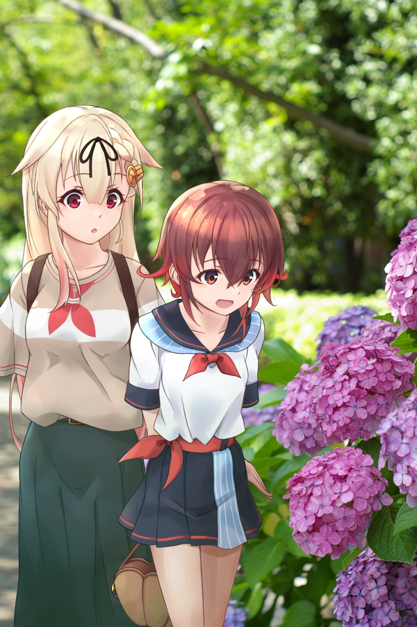 2girls alternate_costume backpack bag beige_shirt blonde_hair blue_skirt blurry blurry_background brown_eyes brown_hair collarbone commentary_request cowboy_shot day eyebrows_visible_through_hair flower flower_request green_skirt hair_between_eyes hair_flip hair_ornament hair_ribbon hairclip handbag highres kantai_collection long_hair long_skirt looking_at_another minosu multiple_girls mutsuki_(kantai_collection) neckerchief open_mouth outdoors photo_background pleated_skirt red_eyes red_neckwear remodel_(kantai_collection) ribbon sailor_collar skirt white_serafuku yuudachi_(kantai_collection)