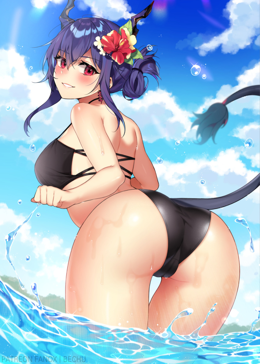 1girl arknights ass bangs bare_arms bare_shoulders bechu bent_over bikini black_bikini blue_hair blue_sky blush breasts cameltoe ch'en_(arknights) cloud commentary_request day dragon_girl dragon_horns dragon_tail earmuffs eyebrows_visible_through_hair flower folded_ponytail from_behind hair_between_eyes hair_flower hair_ornament hibiscus highres horns korean_commentary looking_at_viewer looking_back medium_breasts outdoors parted_lips red_eyes red_flower short_hair_with_long_locks sidelocks sky smile solo splashing swimsuit tail thigh_gap thighs trefoil water water_drop