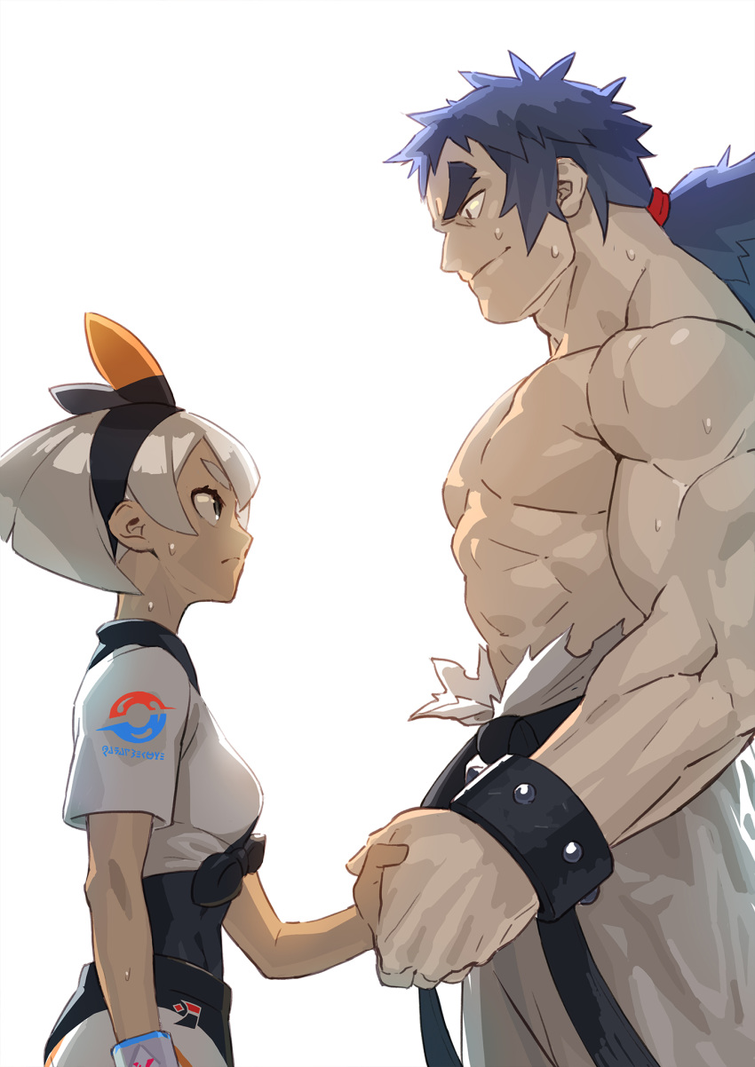 1boy 1girl bangs black_bodysuit black_hairband bodysuit bodysuit_under_clothes breasts closed_mouth commentary_request dynamax_band elite_four eye_contact grey_hair gym_leader hair_tie hairband handshake highres looking_at_another muscle pokemon pokemon_(game) pokemon_rgby pokemon_swsh print_shirt print_shorts saitou_(pokemon) sanwood_mori shiba_(pokemon) shirt shirtless short_hair short_sleeves shorts simple_background size_difference spiked_hair sweat tied_hair tied_shirt white_background wristband