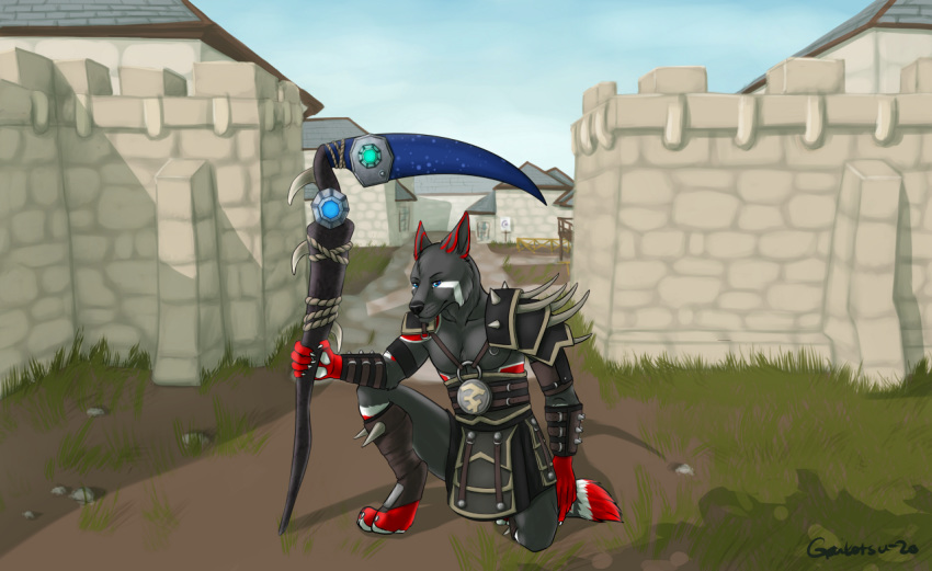 anthro armor black_body black_fur blue_eyes building canid canine canis claws cloud digitigrade fur fur_pattern gaikotsu grass kneeling male mammal melee_weapon multicolored_body multicolored_fur multicolored_tail outside pawpads polearm pose red_body red_fur rope runescape scythe solo stone_wall town warrior weapon white_body white_fur white_pawpads wolf