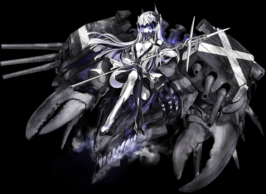1girl blue_eyes breasts crossed_legs hair_ornament kantai_collection lobster_claw long_hair machinery mask monster mouth_mask official_art pale_skin pointy_ears shinkaisei-kan staff star_(symbol) star_hair_ornament transparent_background turret weapon white_skin zeco