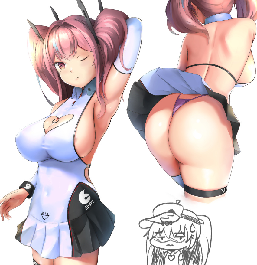 1girl alternate_costume areola_piercing arm_up armpits ass azur_lane bache_(azur_lane) bache_(showy_sports_star)_(azur_lane) back backboob bangs breasts bremerton_(azur_lane) brown_eyes cleavage cleavage_cutout closed_mouth covered_navel elbow_sleeve english_commentary headgear highres large_breasts long_hair miniskirt multicolored_hair one_eye_closed piercing pink_hair pleated_skirt shirt sideboob sidelocks skirt skirt_lift sleeveless sleeveless_shirt sportswear streaked_hair tennis_uniform thigh_strap thong twintails white_legwear wristband