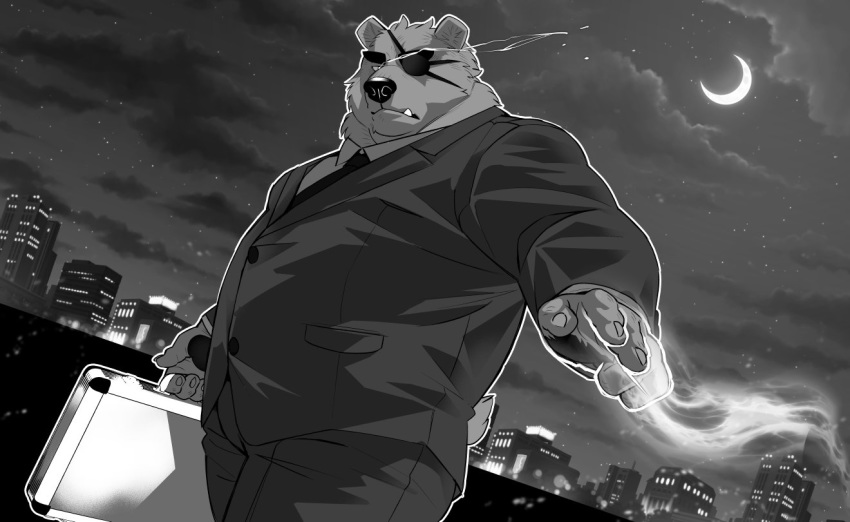 2018 5_fingers anthro belly biped black_nose black_tie_(suit) building character_request cheek_tuft city claws clothed clothing cloud detailed_background digital_drawing_(artwork) digital_media_(artwork) elegant eye_patch eyewear facial_tuft fangs fingers fur fur_tuft gesture glowing glowing_eyes greyscale half-closed_eyes head_tuft holding_object looking_at_viewer looking_down male mammal monochrome moon musclegut muscular muscular_male narrowed_eyes neck_tuft necktie night oaks16 portrait side_view sky small_ears small_tail smoke solo standing star starry_sky suit suitcase three-quarter_portrait three-quarter_view tuft ursid ursine walking