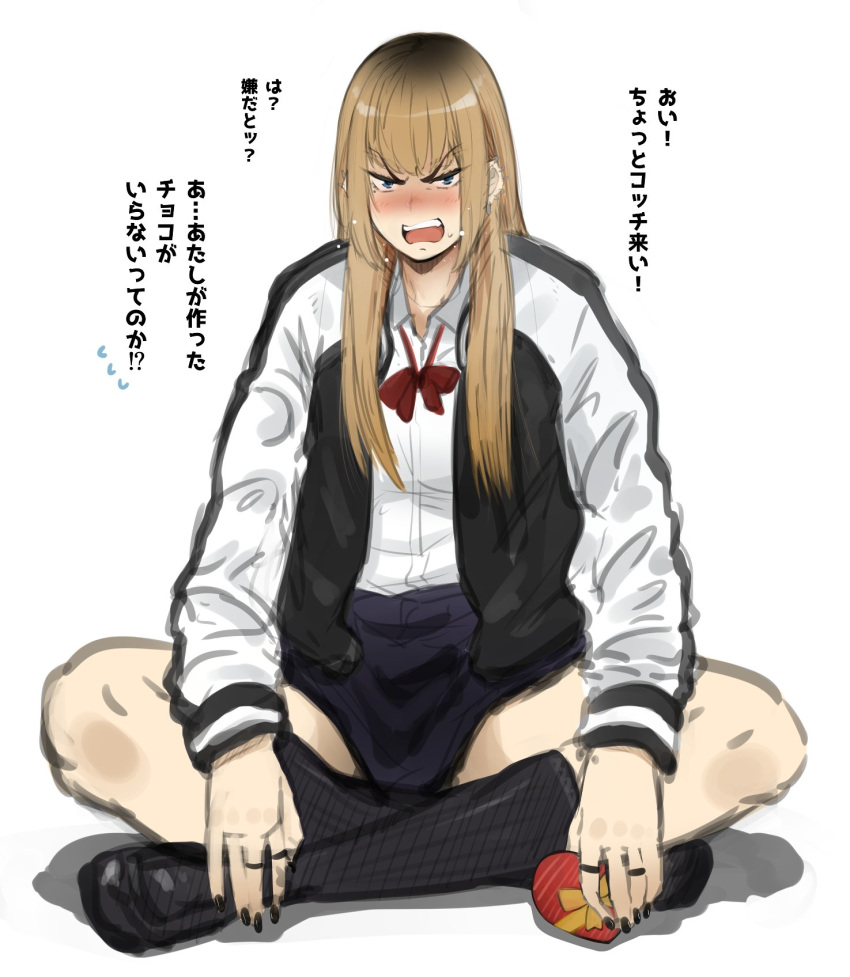 1girl angry bangs blue_eyes blush brown_hair earrings full_body highres jacket jewelry kneehighs loafers open_mouth original ribbon sanpaku school_uniform shoes simple_background sitting skirt solo suruga_kreuz translation_request white_background yankee