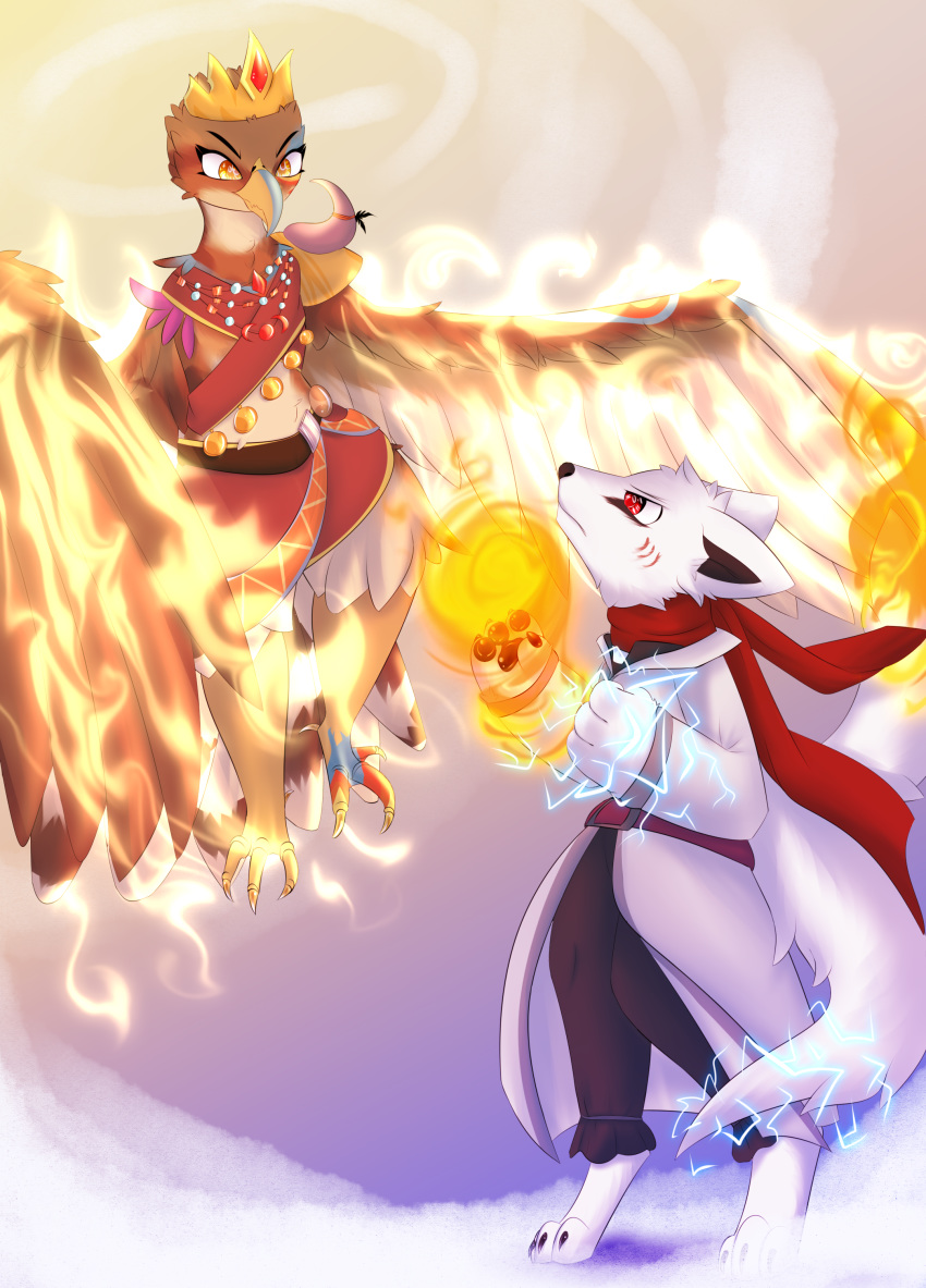 absurd_res accipitrid accipitriform anthro avian battle bird canid canine canis duel duo eagle eaglebird_(character) female fire hi_res light magic magician male male/female mammal ninetales nintendo pok&eacute;mon pok&eacute;mon_(species) video_games wolf wolf_(character)