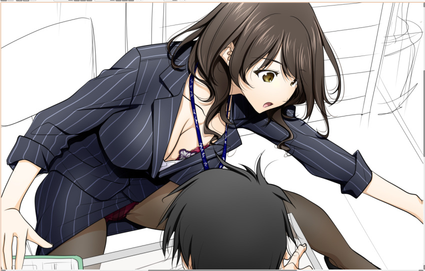 1boy 1girl black_hair black_legwear blazer bra breasts brown_eyes brown_hair cleavage collarbone commentary_request formal from_above id_card jacket lanyard large_breasts open_mouth original panties pantyhose pinstripe_suit red_bra red_panties shirt short_hair skirt_suit sleeves_rolled_up soyosoyo striped suit underwear white_shirt