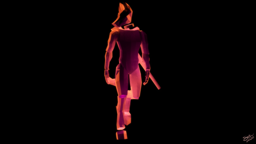 16:9 2020 3d_(artwork) ambiguous_gender anthro black_background blender_(software) canid canine digital_media_(artwork) gun hi_res low_poly mammal orange_light pink_light ranged_weapon seth_(xeo_snow) signature simple_background solo standing walking weapon widescreen