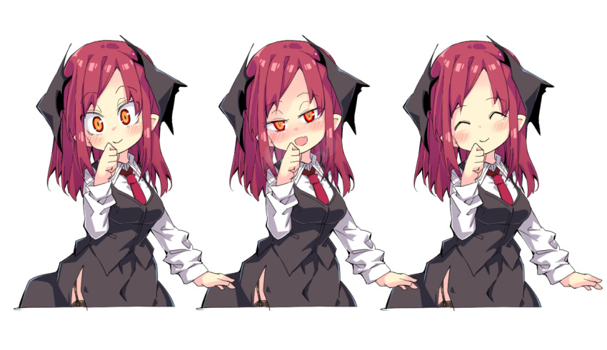 1girl bat_wings black_legwear black_skirt black_vest blush breasts closed_eyes commentary_request cowboy_shot cropped_legs fang garter_straps hand_up head_wings koakuma long_hair long_sleeves looking_at_viewer medium_breasts multiple_views necktie noya_makoto open_mouth red_eyes red_hair red_neckwear shirt side_slit simple_background skin_fang skirt smile thighhighs touhou vest white_background white_shirt wings