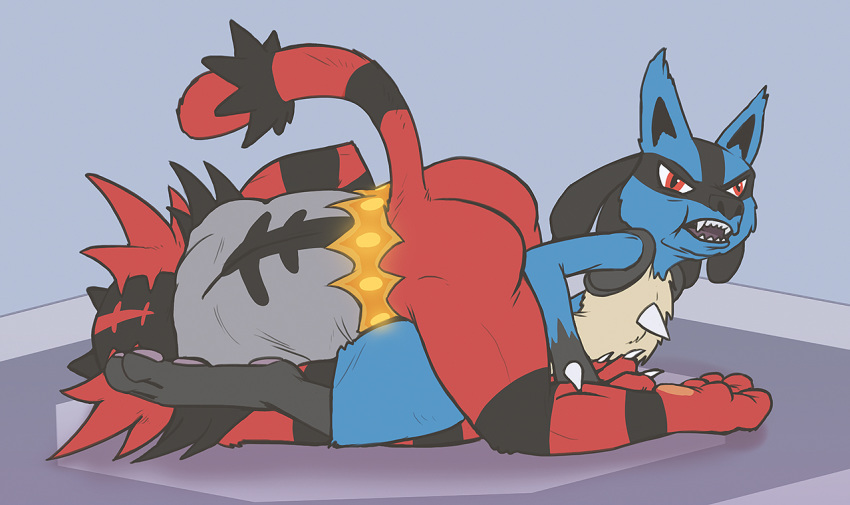 anthro armbar back_muscles belt blue_body blue_fur butt canid canine drakawa dreadlocks felid feline fur incineroar jiu-jitsu lucario male mammal mma nintendo orange_eyes pawpads pok&eacute;mon pok&eacute;mon_(species) red_body red_fur simple_background submissive tail_tuft teeth_showing tuft video_games wrestling