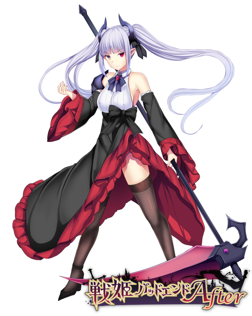 1girl bangs black_legwear breasts daiaru detached_sleeves dress eyebrows_visible_through_hair full_body glowing grey_hair heterochromia highres holding holding_scythe holding_weapon horns legs_apart long_hair looking_at_viewer medium_breasts original pointy_ears scythe shoulder_armor solo thighhighs twintails weapon white_background