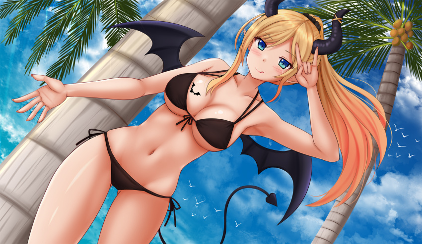 1girl :q \n/ animal arm_up armpits bare_arms bare_shoulders bikini bird black_bikini black_scrunchie black_wings blonde_hair blue_eyes blush breasts cleavage closed_mouth coconut coconut_tree collarbone commentary curled_horns day demon_girl demon_horns demon_tail demon_wings dutch_angle front-tie_bikini front-tie_top hair_ornament hair_scrunchie hand_up highres hololive horns kazenokaze large_breasts long_hair multi-strapped_bikini navel outdoors palm_tree pointy_ears ponytail scrunchie side-tie_bikini smile solo standing stomach string_bikini swimsuit tail thighs tongue tongue_out tree very_long_hair virtual_youtuber wings yuzuki_choco