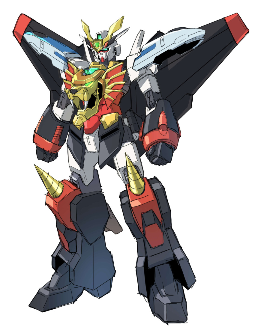 absurdres blue_eyes clenched_hands core_gundam crossover fusion gaogaigar glowing glowing_eyes gundam gundam_build_divers gundam_build_divers_re:rise highres mecha no_humans solo standing sukekiyo56 weapon white_background yuusha_ou_gaogaigar yuusha_series