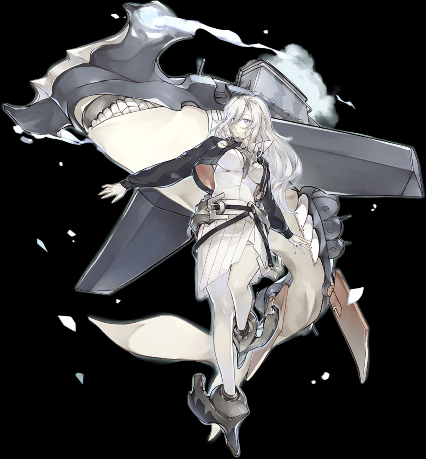 1girl anchor belt blue_eyes breasts full_body hair_over_eyes hammerhead_shark highres jacket kantai_collection konishi_(koconatu) long_hair official_art pleated_skirt shinkaisei-kan silver_hair skirt smile transparent_background