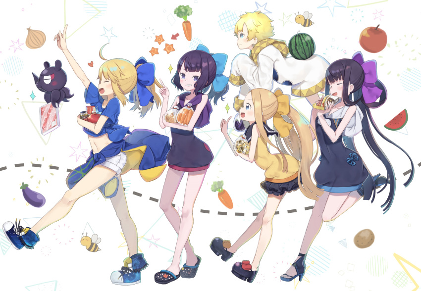 1boy 4girls abigail_williams_(fate/grand_order) absurdres arm_up arrow_(symbol) artoria_pendragon_(all) bag bangs bare_arms bare_shoulders bee black_dress black_skirt blonde_hair blue_bow blue_eyes blush bow box brown_bow bug carrot closed_eyes closed_mouth commentary_request dress eggplant eyebrows_visible_through_hair fate/grand_order fate/requiem fate_(series) food fruit grin hair_bow hair_rings hand_up hands_up heart highres holding holding_box hood hood_down hooded_dress index_finger_raised insect katsushika_hokusai_(fate/grand_order) layered_skirt light_brown_hair long_hair long_sleeves meat multiple_girls mysterious_heroine_xx_(foreigner) onion parted_bangs plastic_bag pleated_skirt ponytail potato profile purple_bow purple_eyes purple_hair shirt sidelocks skirt sleeveless sleeveless_dress sleeveless_shirt sleeves_past_fingers sleeves_past_wrists smile sparkle tokitarou_(fate/grand_order) tomato totatokeke v very_long_hair voyager_(fate/requiem) watermelon yang_guifei_(fate/grand_order) yellow_shirt