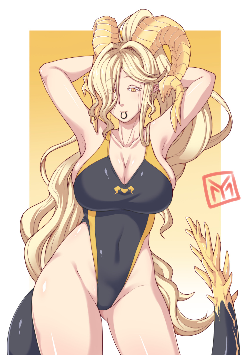 1girl absurdres armpits arms_behind_head arms_up bangs black_swimsuit blonde_hair breasts cleavage collarbone colored_eyelashes competition_swimsuit covered_navel dragon_horns dragon_tail eyebrows_visible_through_hair high_ponytail highleg highleg_swimsuit highres horns kulve_taroth large_breasts long_hair looking_at_viewer monster_hunter monster_hunter:_world one-piece_swimsuit personification pointy_ears ponytail seductive_smile signature skindentation smile solo swimsuit tail two-tone_swimsuit very_long_hair wavy_hair yamanata yellow_eyes yellow_swimsuit