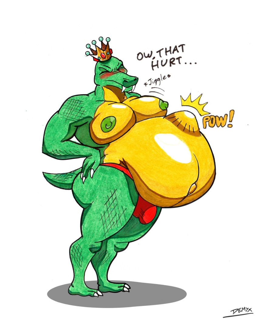 abdominal_bulge alligatorid annoyed anthro aroused baby_bump barazoku belly big_belly big_bulge big_butt big_pecs blush breasts bulge butt clothing crocodile crocodilian crocodylid crown demden donkey_kong_(series) english_text fangs genitals gold_(metal) graphite_(artwork) green_body green_scales growth hairless hi_res humanoid hyper hyper_belly king king_k._rool male male/male male_pregnancy multicolored_body musclegut muscular nails navel nintendo nipples obese outie_navel overweight overweight_male pecs pencil_(artwork) penis pregnant reptile royalty scales scalie simple_background solo super_smash_bros. text thick_thighs thong traditional_media_(artwork) two_tone_body underwear video_games white_background