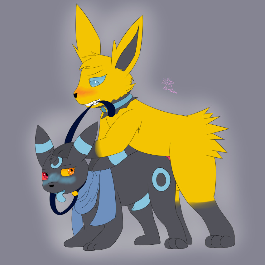 1:1 anal anal_penetration blue_eyes blush canid canine collar eeveelution from_behind_position from_behind_postion hi_res jolteon leash_pulling looking_back mammal mounting nintendo paw_on_head penetration pok&eacute;mon pok&eacute;mon_(species) scarf sex shiny_pok&eacute;mon simple_background temiest umbreon video_games