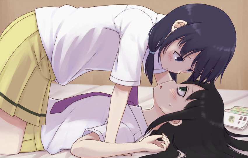 2girls black_hair blush book brown_background collared_shirt commentary_request eye_contact eyebrows_visible_through_hair girl_on_top green_eyes highres kuroki_tomoko long_hair looking_at_another low_twintails lying mohya multiple_girls necktie on_back on_bed open_book pleated_skirt purple_eyes purple_neckwear school_uniform shirt simple_background skirt sweat tamura_yuri twintails watashi_ga_motenai_no_wa_dou_kangaetemo_omaera_ga_warui! white_shirt yellow_skirt yuri