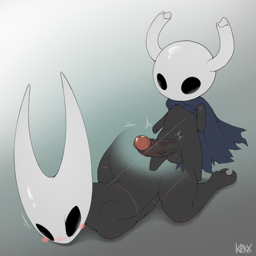 1:1 age_difference arthropod balls black_balls black_body black_penis blush cape clothing duo erection from_behind_position genitals glans hi_res hollow_knight hornet_(hollow_knight) insect kektails larger_male male penis protagonist_(hollow_knight) sex size_difference smaller_male team_cherry vein veiny_penis vessel_(species) video_games young